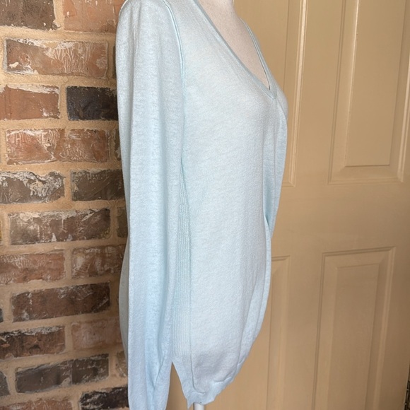 GAP Soft Minty Blue Linen V-Neck Tunic Sweater Ribbed Side Insets Vented Hem - Picture 5 of 12